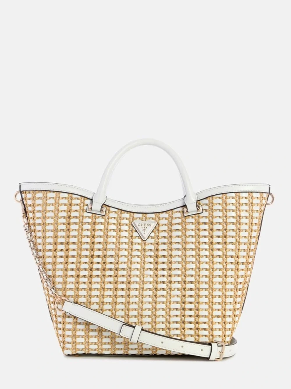 New GUESS White and Natural Woven Tote with Detachable Strap